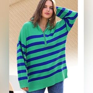 NWT Striped Green and Blue Quarter Zip Sweater